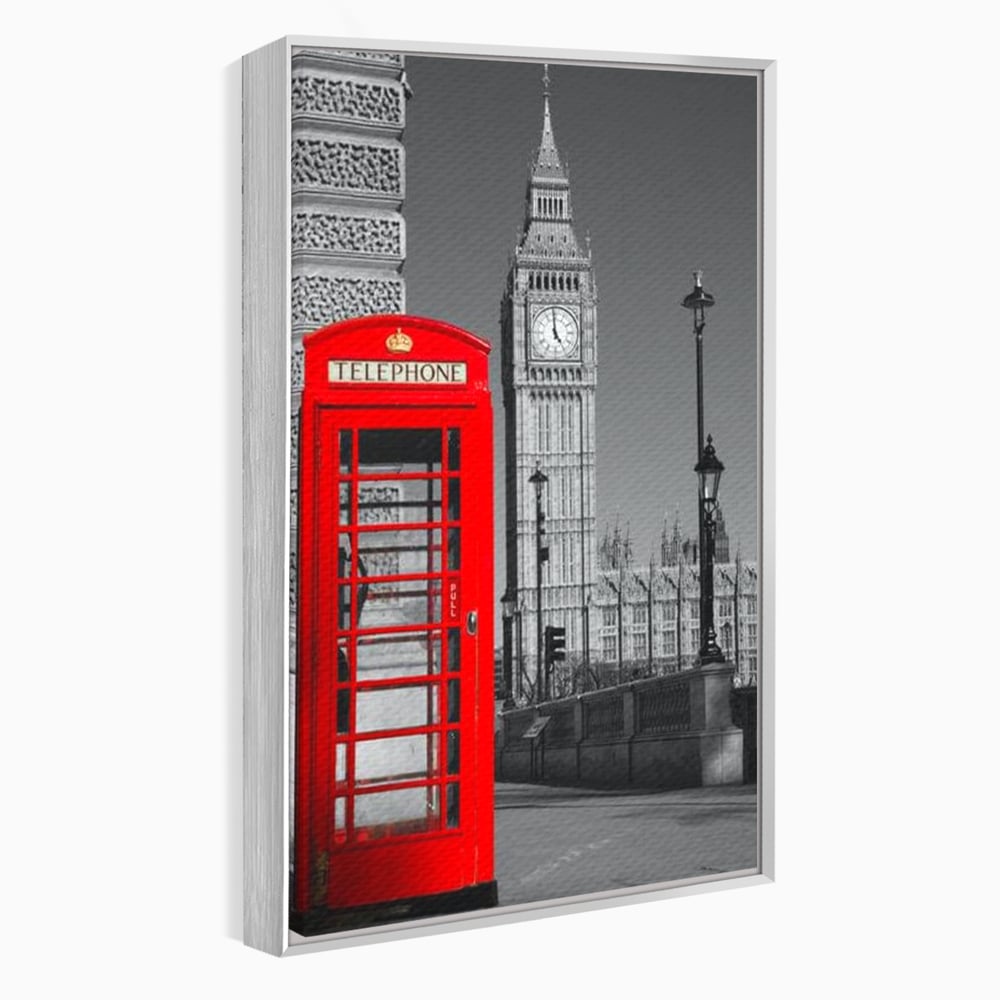 Tablou canvas cu tablou canvas cu cabina rosie si big ben, in rama de aluminiu argintiu